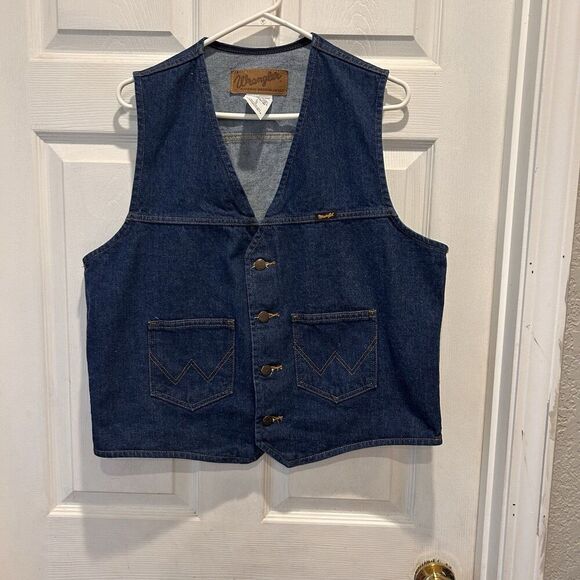 Vtg Wrangler Mens Sz Lg Blue Denim Vest Western Rodeo Cowboy Style Chest 44” - Picture 1 of 6
